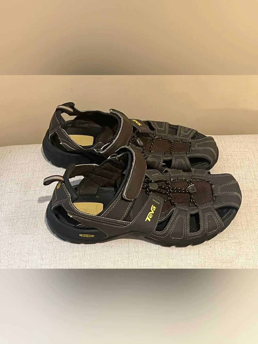 Teva Men's Dark Brown Forbay Hiking Sandals with Yellow Logo, US 13/EU 47